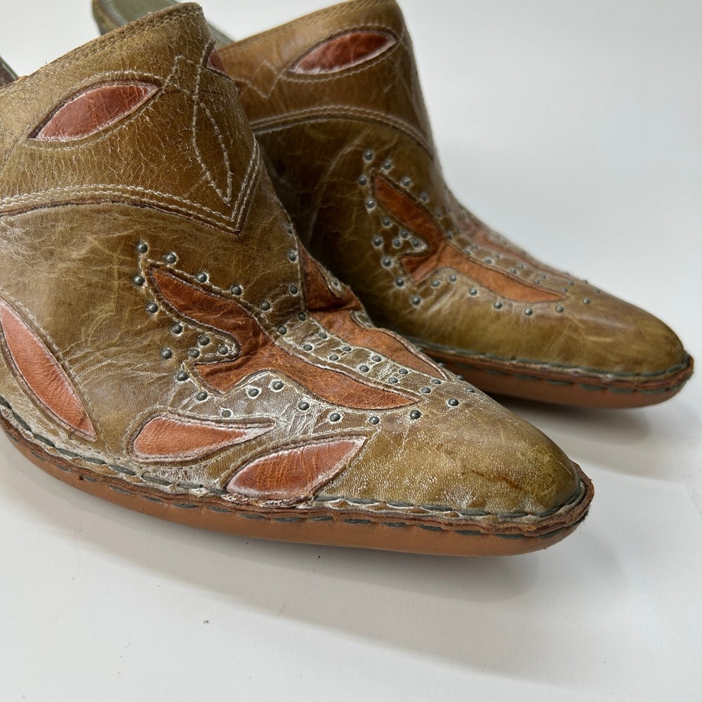 Frye Vintage Western Leather Mules Studded Pointed Toe Clogs Olive Tan 10M F403 - Picture 4 of 11